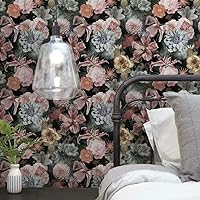 RoomMates RMK11719RL Pink and Green Vintage Floral Blooms Peel and Stick Wallpaper
