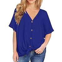 IWOLLENCE Womens Loose Henley Blouse Bat Wing Short Sleeve Button Down T Shirts Tie Front Knot Tops