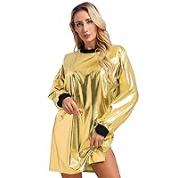 Women's Plus Size Shiny Metallic Long Sleeve Round Neck Loose Mini Shirt Dress for Clubwear
