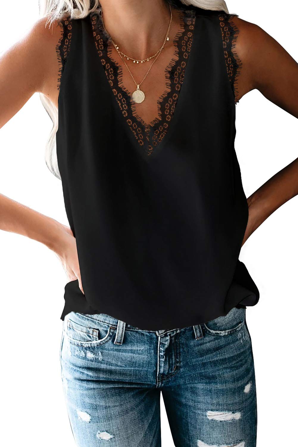 BLENCOT Women Lace Trim Tank Tops V Neck Fashion Casual Sleeveless Blouse Vest Shirts