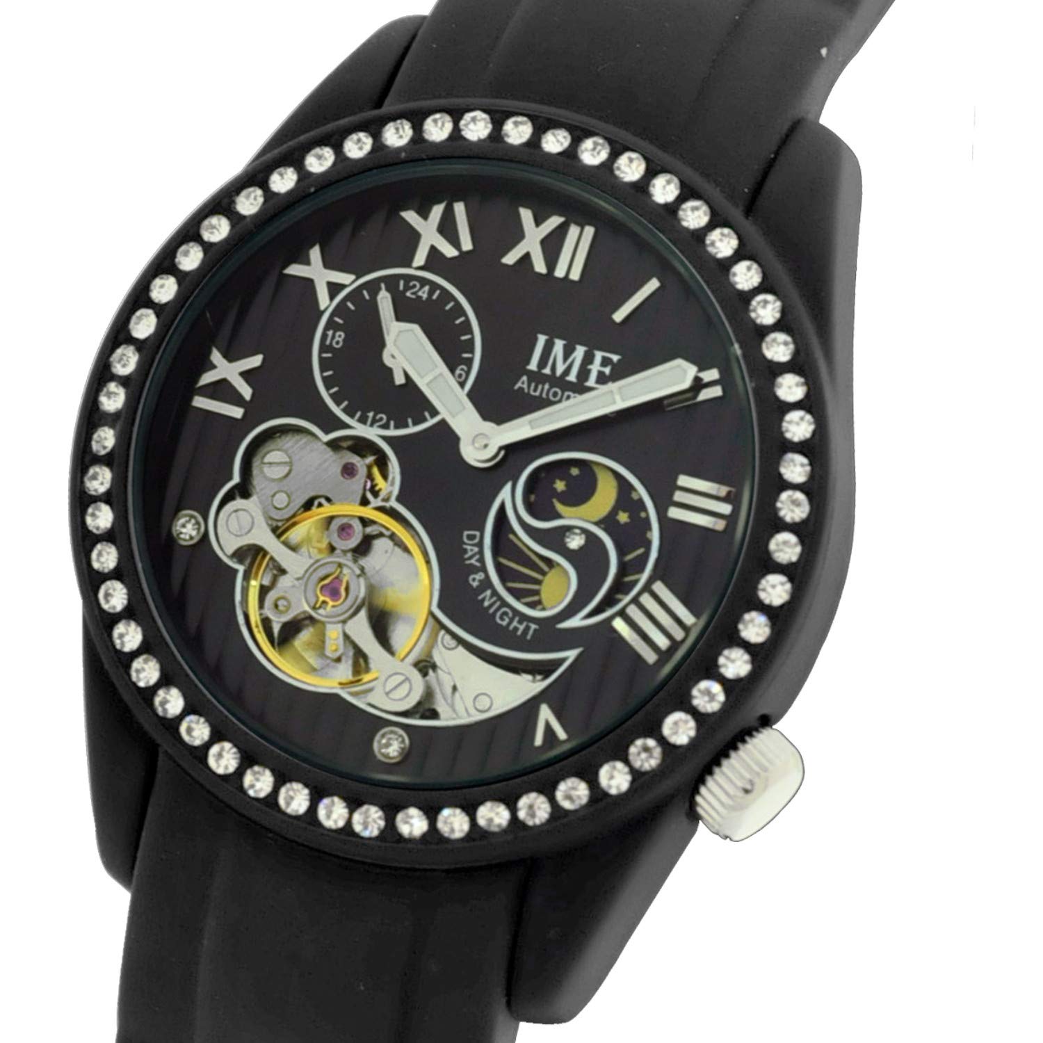 IME Ladies Fashion Automatic Wrist Watch with Alloy Case, Sun & Moon Phase and 24 Hours Display, Czech Stone Show on The Case