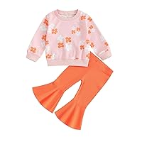 Toddler Baby Girls Bell Bottom Outfit Floral Print Long Sleeve Sweatshirt Knit Flared Pants Set 2Pc Fall Clothes