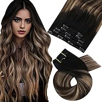 Moresoo Clip in Hair Extensions Real Human Hair Balayage Hair Extensions Clip in Human Hair Ombre Black to Brown Mixed with Dark Blonde Clip Hair Extensions 10 Inch 5pcs 70g