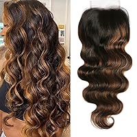 Nadula 12A Brazilian Brown Highlight Body Wave Human Hair 4x4 Free Part Lace Closure, 100% Remy Hair Ombre Higlight Closure with Dark Roots FB30 Color 150% Density (14inch)