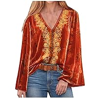 Women's Velvet Shirts Dressy Casual V Neck Long Sleeve Tops 2024 Fashion Ethnic Style Print Pullover Blouses Tunic Tees S-5XL