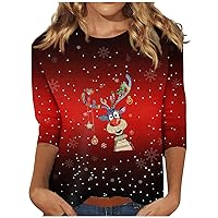 Women's 2023 Christmas Printed Blouse, Elegant 3/4 Sleeve Tops for Women Cute Crew Neck Top Trendy Plus Size Tops for Women