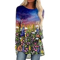 Fashion Women Tunic Shirts Loose Long Sleeve Blouse Landscape Floral Print Crewneck Soft Casual Printing Tops