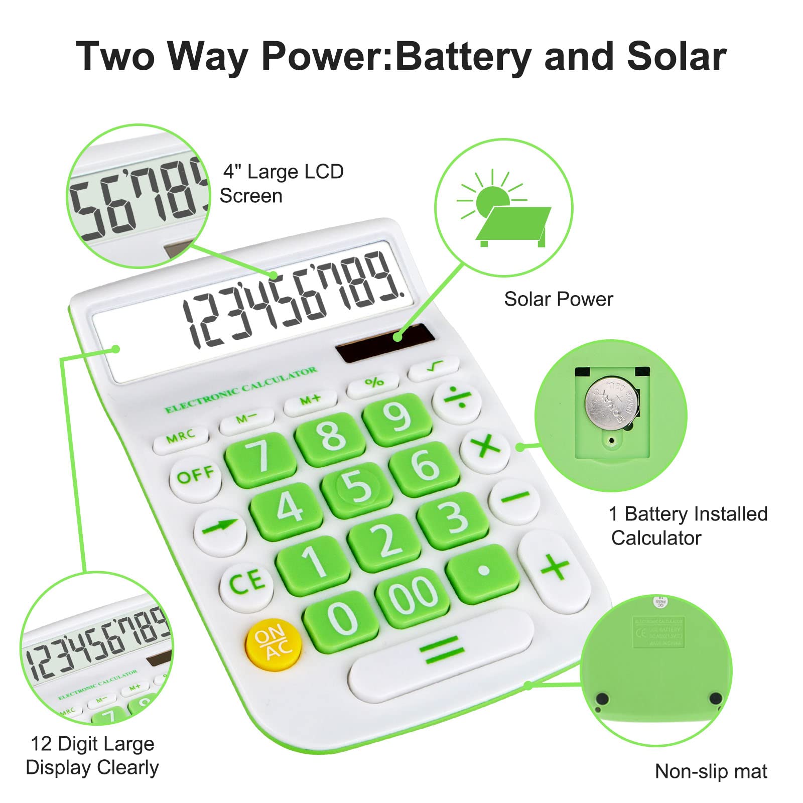 Calculators Desktop, Two Way Power Battery and Solar Desk Calculator, Big Buttons Easy to Press Used as Calculators for Desk, 12 Digit Adding Machine Calculators Large Display Clearly (Green)