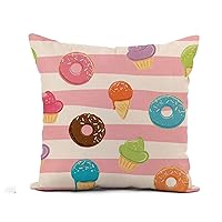 Flax Throw Pillow Cover Sweets Ice Cream Donuts Cupcakes Linear White and Pink 16x16 Inches Pillowcase Home Decor Square Cotton Linen Pillow Case Cushion Cover