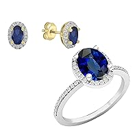 Dazzlingrock Collection Lab Created Oval Blue Sapphire & Round Diamond Halo Ring & Earrings Set for Women (White Diamond Color: I-J, Clarity I2-I3)