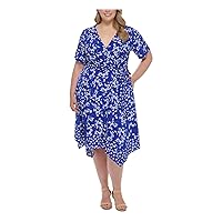 Jessica Howard Womens Plus Floral Print Tie Waist Midi Dress Blue 18W