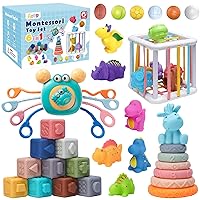 6 in 1 Baby Toys 6to12-18 Months, Include Pull String Baby Teething Toys, Soft Stacking Blocks & Rings, Sensory Shapes, Colorful Storage Bin, Montessori Toys for 1-3 Year Old Boys Girls Gifts
