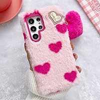 Losin Compatible with Galaxy S23 Ultra Plush Furry Case with Cute 3D Love Heart Fuzzy Ball Pendant Fashion Fuzzy Fluffy Fur Case Luxury Bling Glitter Diamond Rhinestones for Women Girls Girly