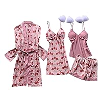 Womens Satin Pajama Sets 4 Pieces Cute Fruit Print Pjs Cami Tops Shorts Belted Robe Nightgown Outfit Built-in Bra