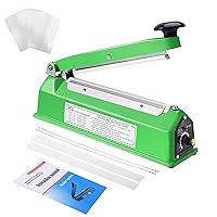 Suteck 8 inch Impulse Bag Sealer, Manual Poly Bag Sealing Machine w/Adjustable Timer Electric Heat Seal Closer with 50Pcs 4X6 Inch Shrink Wrap Bag and 2 Free Replacement Kit (Green)