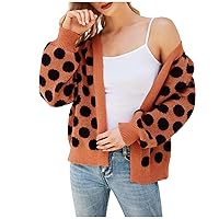 Women's Long Sleeves Button Down Open Front Chic Polka Dot Pattern Knitted Sweater Cardigan Coat Outwear Soft Lightweight Cozy Loose V Neck Cardigans Fashion Fall Winter Outwear(B Orange L)
