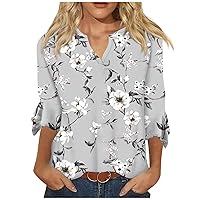Womens Long Sleeve Tops Loose Casual V-Neck Printed Blouses Bell 3/4 Sleeve T-Shirt