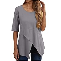 Women Summer Casual Loose Cotton Linen Shirts Solid Color Round Neck Slit Hem Half Sleeve Asymmetrical Top Tee Blouse