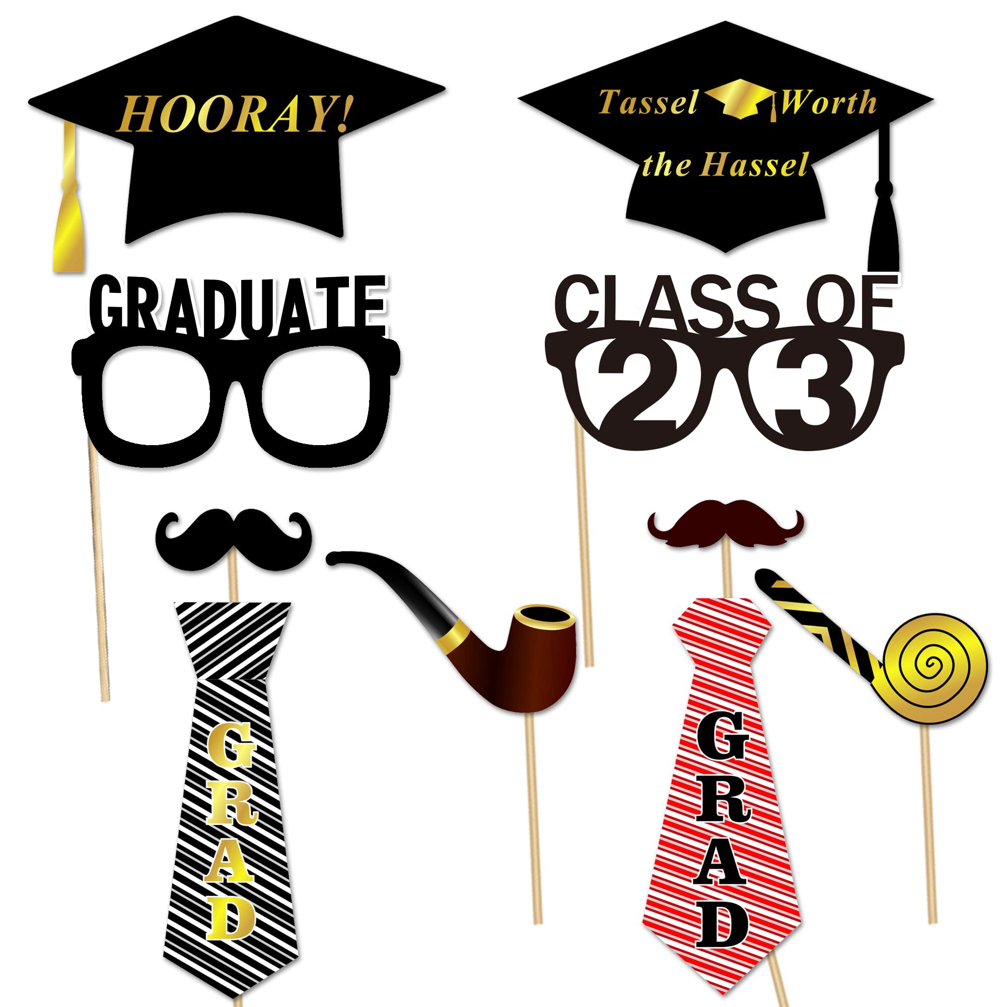 Graduation Photo Booth Props (50Count), Konsait Large Graduation Photo Props Class of 2023 Grad Decor with Sticks for Kids Boy Girl, Black and Gold, for Graduation Party Favors Supplies Decorations
