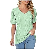 2024 Summer Puff Short Sleeve Shirts for Women Loose Fit Eyelet Tshirt Casual V Neck Tunic Blouse Hollow Out Work Tops