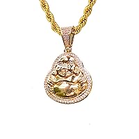 Men Women Iced 14k Gold Pl Solid Laughing Buddha Jade Pendant Necklace Rope Chain Genuine Certified Hand Crafted, Buddha Necklace, 14k Gold Finish Spiritual Religious Smiling Buddha 2.5mm 20