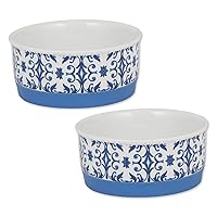Bone Dry Ceramic Food & Water Bowls for Pets Non-Slip for Secure, Less Messy Feeding, Microwave & Dishwasher Safe, Small Set, 4.25x2, Blue Tile, 2 Count