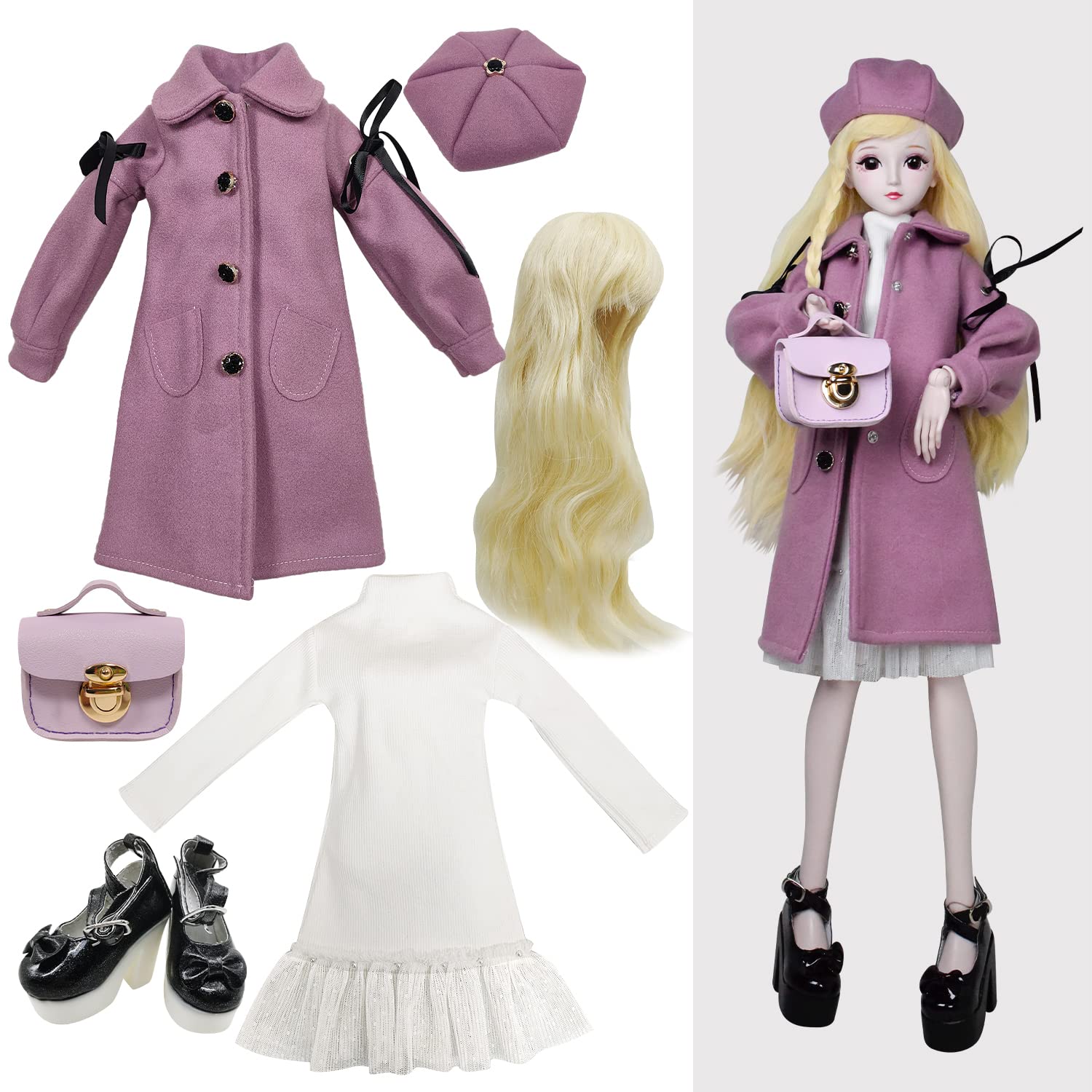 Proudoll 1/3 BJD Doll Clothes 60cm 24in SD Ball Jointed Dolls Accessories Set Beret Wig Dress Coat Handbag High Heel