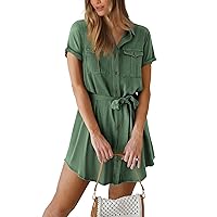 PRETTYGARDEN Womens Casual Summer Short Sleeve Button Down V Neck Collared Belted Pocket Dresses