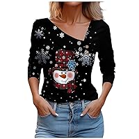 Women's Christmas Shirts Casual Fashion Printed Long Sleeve Lapel V Neck Button Pullover Top Shirts, S-3XL