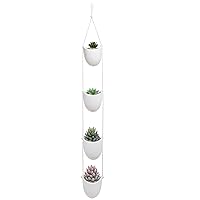MyGift 4-Tier White Ceramic Hanging Wall Planter with Rope - Decorative Succulent Herb Flower Pot Containers