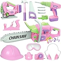 Kids Tool Set for Girls - Toddler Tool Set with Toy Chainsaw, Electric Toy Drill, Pretend Play Construction Tools Toy Gifts for Kids Aged 3 4 5 6 7 Pink