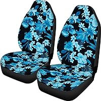 Hawaiian Fluorescent Blue Flowers Design Car Seat Covers Novelty Denim Effect Printed Polyester Micro-Fiber Fabric Soft Comfort Front Seat Cover Full Set of 2pc Universal Fit