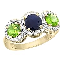 PIERA 14K Yellow Gold Natural High Quality Blue Sapphire & Peridot Sides Round 3-stone Ring Diamond Accents, size 10