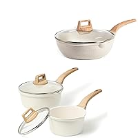CAROTE 1.5Qt & 2.4Qt Sauce Pan Set with Lid, 12Inch Nonstick Deep Frying Pan, 6Pcs Pots and Pans Set, White Granite