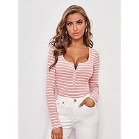 Women's T-Shirt Scoop Neck Striped Tee (Color : Dusty Pink, Size : X-Large)