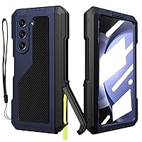 for Samsung Galaxy Z Fold 5 Metal Case with Fold5 S Pen Holder, Rugged Heavy Duty Z Fold 5 Case Screen Protector Kickstand Full-Body Protection Z Fold 5 5g Phone Case Blue