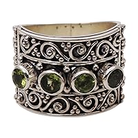 NOVICA Artisan Handmade Peridot Cocktail Ring .925 Sterling Silver Multistone from Bali Green Band Indonesia Kale Birthstone 'Lucky Four'