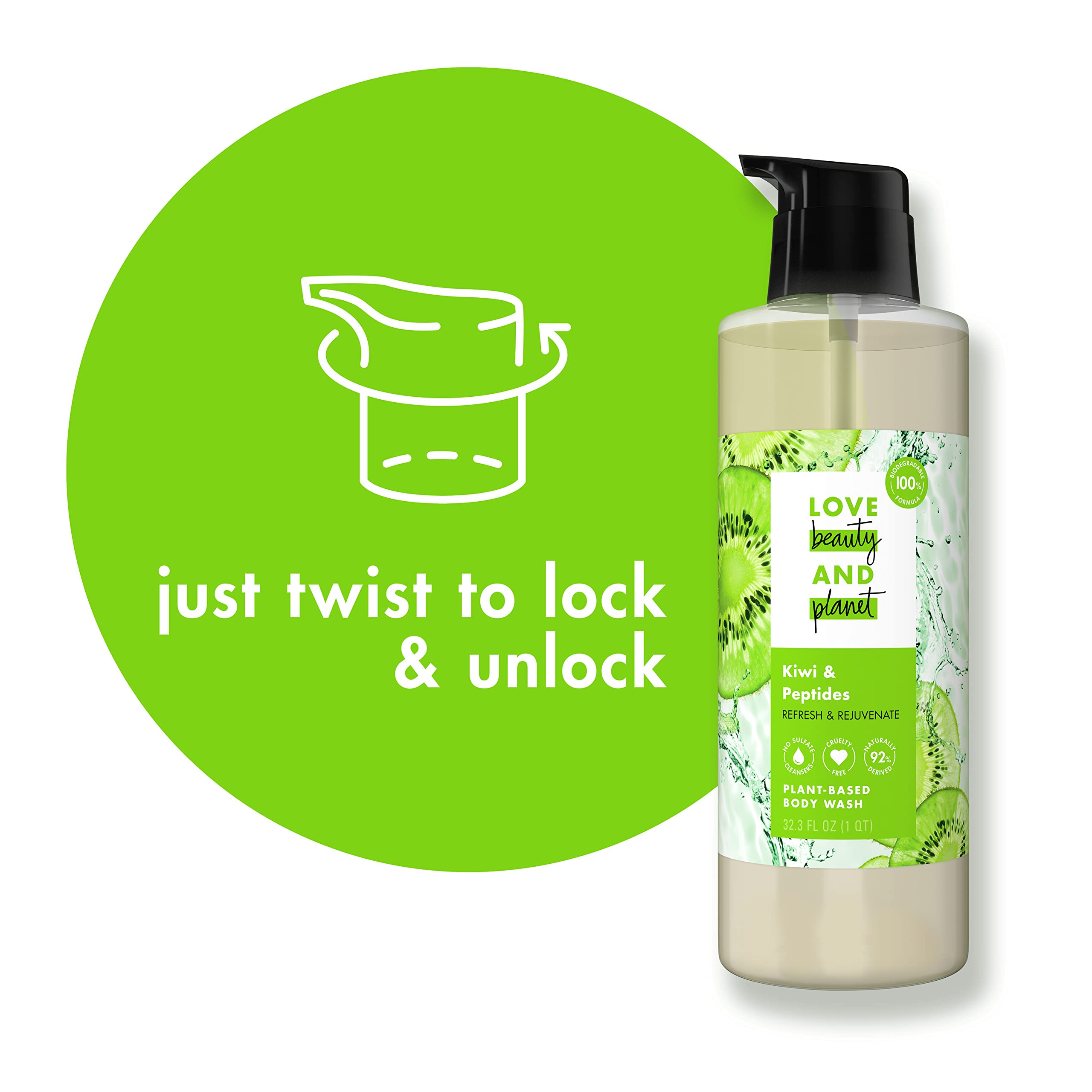Love Beauty And Planet Body Wash Refresh and Rejuvenate, Kiwi and Peptides Made with Plant-Based Cleansers and Skin Care Ingredients 32.3 fl oz
