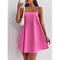 Women's Dresses Casual Wedding Solid Backless Cami Dress Wedding Guest (Color : Hot Pink, Size : Small)