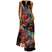 Rompers for Women Summer, Women’S Printed Sleeveless V-Neck Dress Split Hem Baggy Kaftan Long Dress De, S-5XL