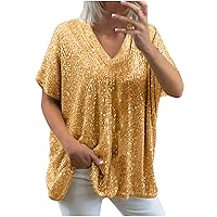 Summer Sequin Tops for Women Casual Loose Fit Sparkly Glitter Blouses Short Sleeve V Neck Glitter Club Party Shirts