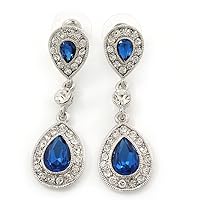 Bridal/Wedding/Prom Royal Blue/Clear CZ Teardrop Earrings In Rhodium Plating - 50mm L