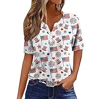 Funny 4Th of July Shirts,Women's Casual Independence Day Printed V-Neck Short Sleeve Button T-Shirt Top