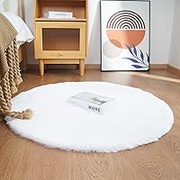 Faux Rabbit Fur Round Rug 3ft White Round Rugs for Bedroom Decor Fluffy Area Rugs for Living Room, no-Shedding Carpet Sheepskin Washable Rug Rome Decor