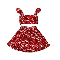 Toddler Girls' Sets Fly Sleeves Red Polka Dots Sleeveless Double Straps Tops Ruffle Skirt Outfits