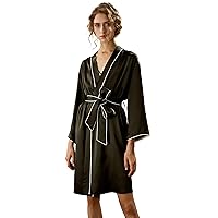 Womens Pure Silk Robe Ladies 22MM Long Sleeves Contrast Piping Nightwear with belt Sleepwear Loungewear Home
