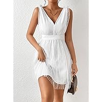 Dresses for Women Zip Back Mesh Overlay Dress (Color : White, Size : Medium)