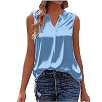 Women's Silk Satin Tank Tops Notched V Neck Tees Summer Loose Fit Sleeveless Cami Blouses Basic Tunic Work Tank Shirt