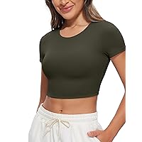 CRZ YOGA Womens Butterluxe Double Lined Short Sleeve Crop Tops Crew Neck Casual Workout T-Shirt Cute Basic Tee