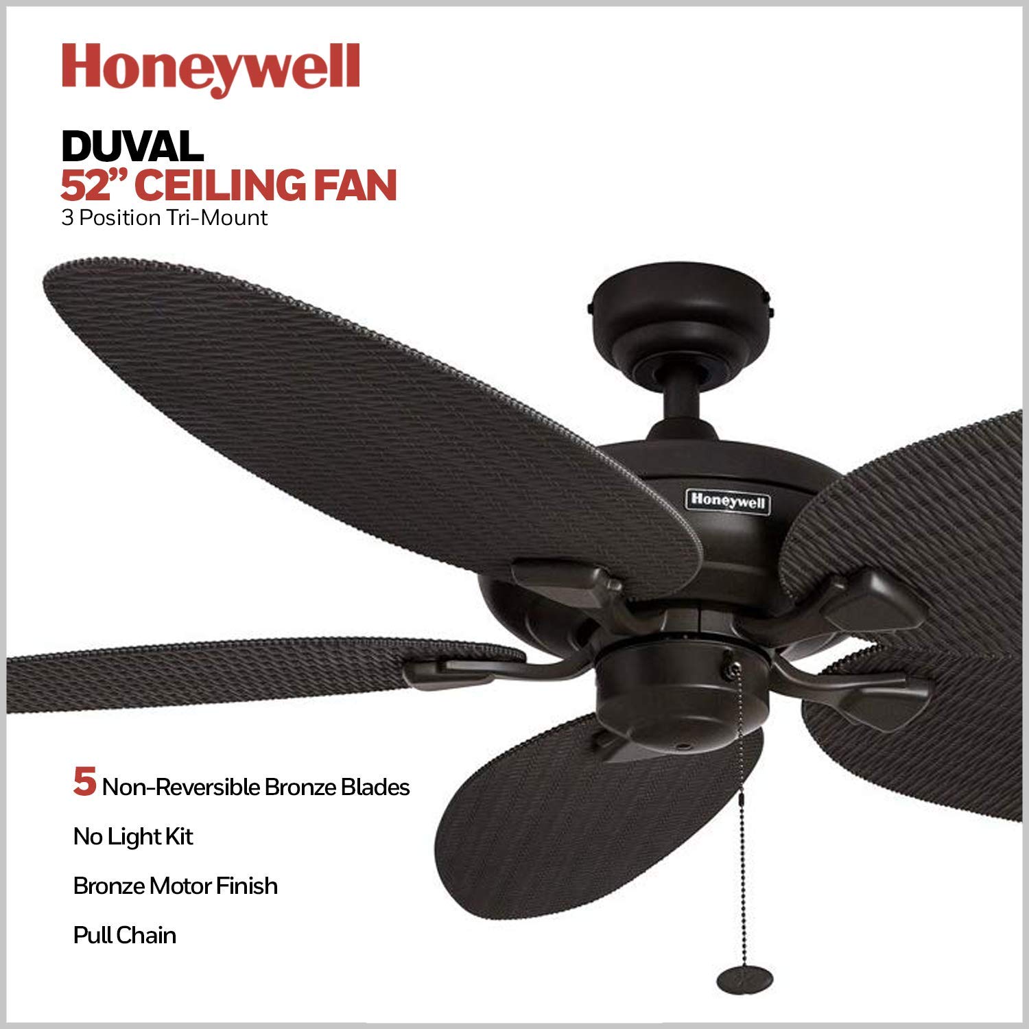 Honeywell Ceiling Fans Duval - 52-in Tri Mount Fan with Pull Chain - Indoor Outdoor Ceiling Fan - No Light - Damp Rated Tropical Room Fan with Wicker Style Blades - Model 50201 (Bronze)